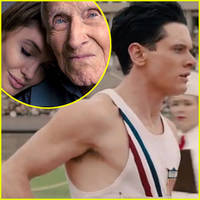 From left, Jolie and Zamperini (inset), O'Connell as Zamperini
