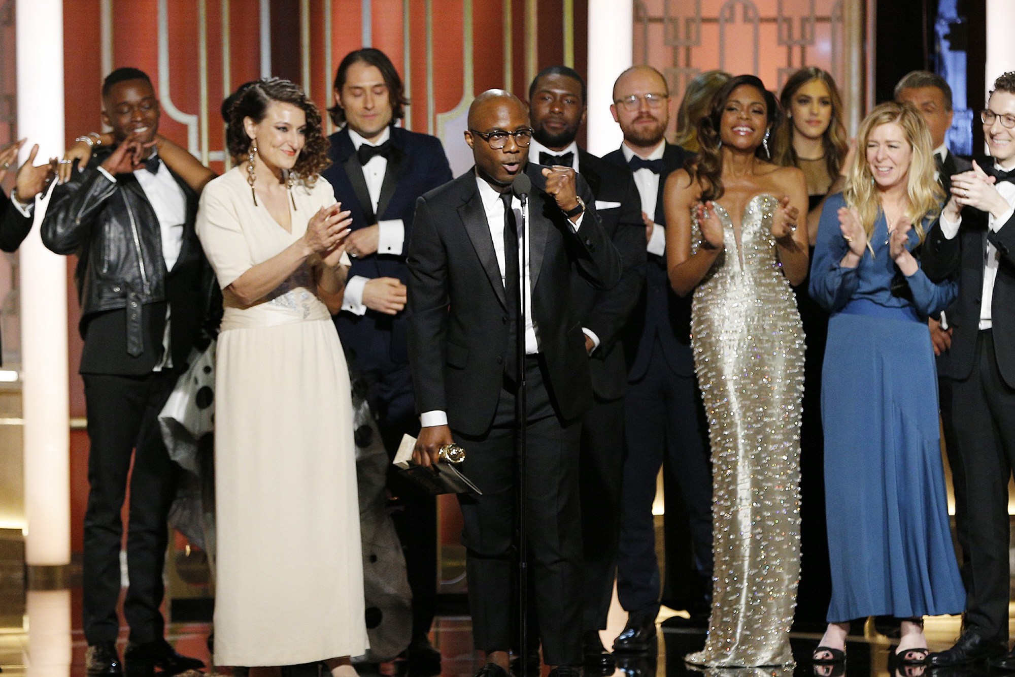 Director Barry Jenkins and the cast and crew of "Moonlight" accept the award for Best Motion Picture - Drama for "Moonlight" onstage during the 74th Annual Golden Globe Awards at The Beverly Hilton Hotel on January 8, 2017 in Beverly Hills, California. (Photo by Paul Drinkwater/NBCUniversal via Getty Images)